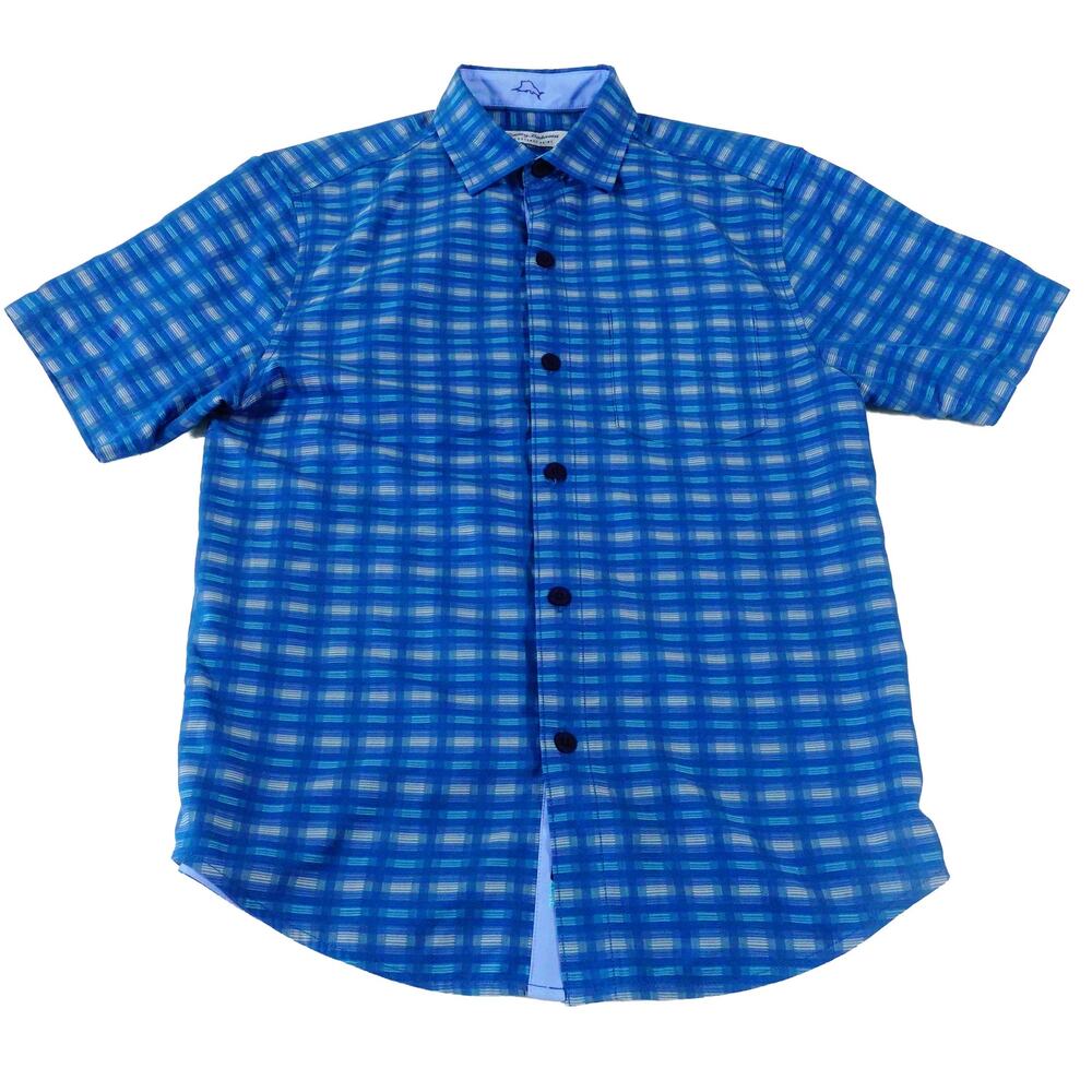 Tommy Bahama Coconut Point Plaid Blue Performance Tropical Button Up Shirt Small